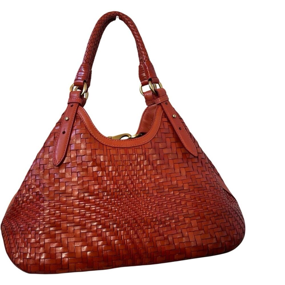 Cole Haan Handwoven Leather Hobo Bag Burnt Orange Braided Handle Shoulder Bag